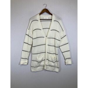 Pinque Striped Open Knit Cardigan Women XL Cream Grey Longline V-Neck Pockets